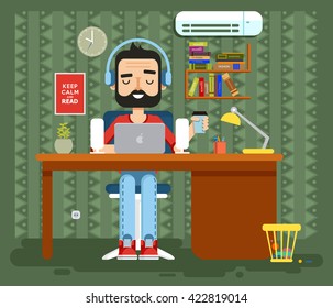 Stock vector illustration of character programmer, copywriter, gamer, freelancer, designer, man in headphones with beard at home, computer flat style element info graphic, website, game, motion design