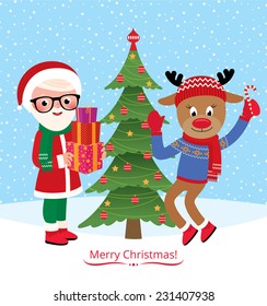 Stock Vector Illustration cheerful Santa Claus and reindeer are celebrating Christmas and New Year