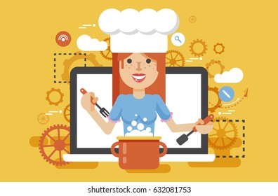 Stock vector illustration chef cook nutritionist dietician woman HLS cooking training education recipe blog proper healthy eating lifestyle online TV show nutrition flat style yellow background icon