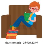 Stock vector illustration of a child boy reading a book sitting in a chair