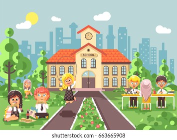 Stock vector illustration children characters schoolboy schoolgirl pupils apprentices classmates at schoolyard play chess dinner lunch, read book jumping rope on backdrop of school building flat style