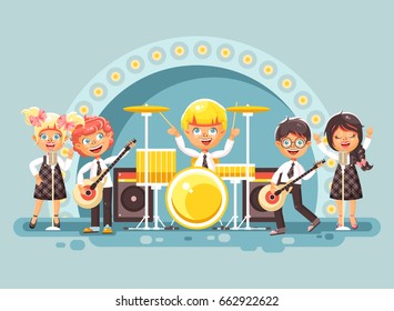 Stock vector illustration children's music band musical group characters schoolboy schoolgirl pupils apprentices play guitars drums sing solo microphone back vocals rock concert on stage in flat style