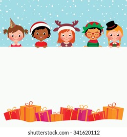 Stock vector illustration of Christmas Card Children in holiday costumes and gifts/Group of children in costumes and Christmas gifts/Stock vector illustration