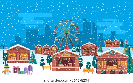 Stock vector illustration of Christmas fairs with sale of festive tinsel to celebrate happy new year, flat style on blue background silhouette of city high-rise buildings, snowflakes and Ferris wheel