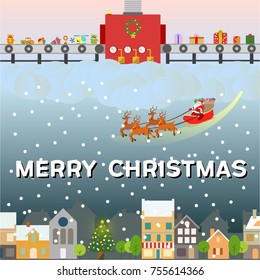 Stock vector illustration of Christmas gift conveyor in factory, Santa is giving gifts to the children on Christmas Eve.