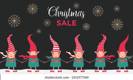 Stock vector illustration with Christmas sale banner. Cute elves invite you to buy gifts for Christmas and New Year. Template for advertising banner, poster, website screen.