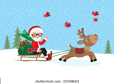 Stock vector illustration Christmas Santa Claus with a bag of gifts on a sleigh ride with the reindeer