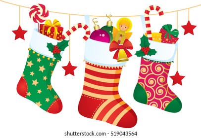 Empty christmas sock stocking isolated on white. Decorative red sock with  white fur and patches. Vector illustration. 29184866 Vector Art at Vecteezy