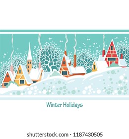 Stock vector illustration of Christmas winter day in a small town, suburb for background, postcard, website, info graphic, header, congratulation, printed material.