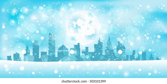 Stock vector illustration of Christmas winter urban landscape with silhouettes of buildings, blizzard for background, postcard, website, info graphic, congratulation, printed material, Happy New Year