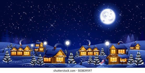 Stock vector illustration of Christmas winter full moon night landscape with small wooden houses for background, postcard, website, info graphic, congratulation, printed material, Happy New Year 2017