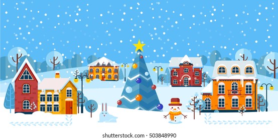 Stock vector illustration of Christmas winter day in a small town, suburb for background, postcard, website, info graphic, congratulation, printed material, Happy New Year 2017