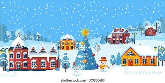 Stock vector illustration of Christmas winter day in a small town, suburb for background, postcard, website, info graphic, congratulation, printed material, Happy New Year 2017