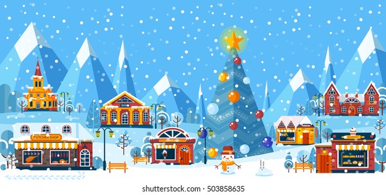 Stock vector illustration Christmas winter day town, suburb, small business building bank, bakery, butcher, church, coffee shop, bookstore for info graphic, congratulation, Happy New Year