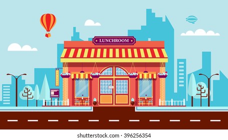 Stock vector illustration city street with lunch room in flat style element for infographic, website, icon, games, motion design, video