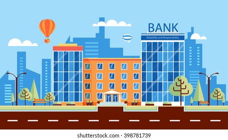 Stock vector illustration city street with multi-storey bank building, modern architectures, facade in flat style element for infographic, website, icon, games, motion design, video