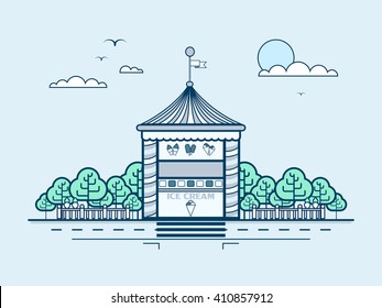 Stock vector illustration city street with ice cream kiosk, small architectural form in line style element for infographic, website, icon, games, motion design, video