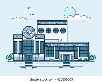 Stock vector illustration city street with supermarket, grocery store, modern architecture in line style element for infographic, website, icon, games, motion design, video