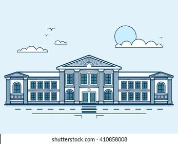 Stock Vector Illustration City Street With Institute, University, Academy, Educational Center, Classical Architecture In Line Style Element For Infographic, Website, Icon, Games, Motion Design, Video