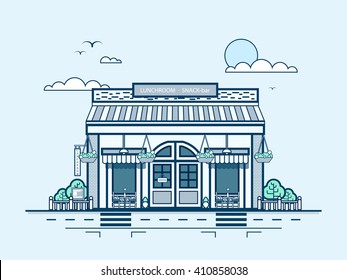 Stock vector illustration city street with snack bar, bistro, dining, lunch room, modern architecture in line style element for infographic, website, icon, games, motion design, video