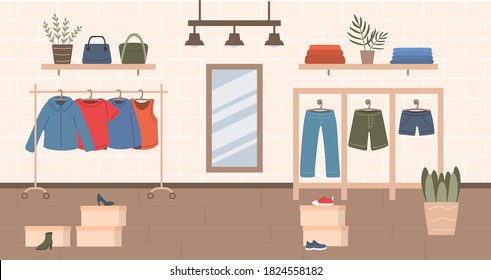 Stock Vector Illustration, Clothing Store Indoor Interior. Casual Outfit Shop Background. Different Garments On Hanger Rack, Assortment Of Clothes. Brick Wall With Mirror, Showroom, Shopping Mall