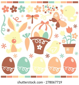 A stock vector illustration collection of cute retro easter and spring related clip arts.