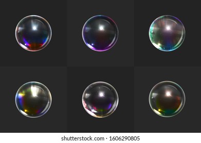 Stock vector illustration color realistic set rainbow reflection soap bubble blower set isolated on a transparent background. EPS 10