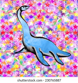 Stock vector illustration of colorful Plesiosaurus Dinosaur that lived in ancient  jurassic prehistoric ocean