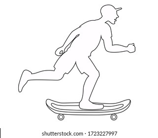 Stock vector illustration. Coloring. Silhouette of a man on a skateboard, painted in white, circled in black, isolated on a white background