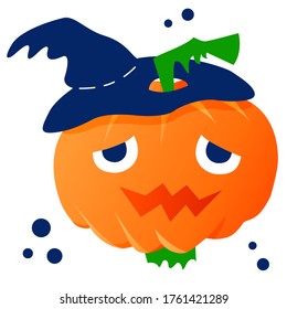 Stock vector illustration of confused halloween pumpkin in hat. Autumn holidays. Happy Halloween funny icon for party invitations or greeting cards with traditional symbols. White isolated background.