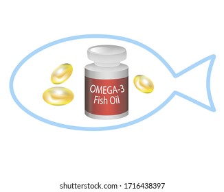 Stock vector illustration. The contour of the fish is drawn. Inside are vitamins of fish oil and a jar next to it, it says- fish oil, Omega 3, isolated on a white background