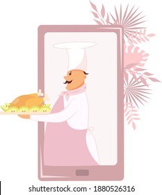 Stock vector illustration Cooking online, chef with a dish of duck in apples