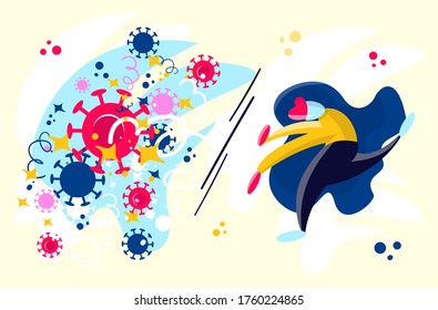 Stock vector illustration of coronavirus second wave concept. Brave woman, doctor or business woman protect her immunity and business from second wave covid-19 virus. Be careful and strong.