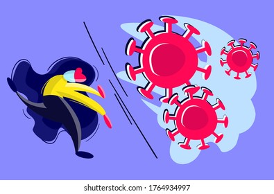 Stock vector illustration of coronavirus second wave concept. Brave woman, doctor or businesswoman is trying to protect her immunity and business from second wave covid-19 virus. Be careful.