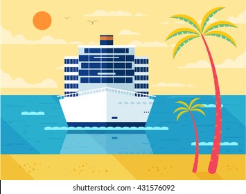 Stock Vector illustration of cruise ship in sea, front view near beach, palm trees, white liner,  in flat style for infographic