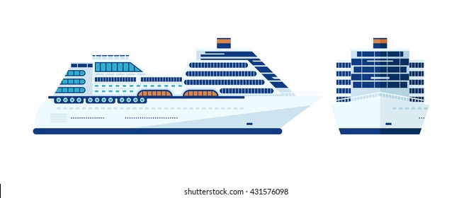 Stock Vector illustration of cruise ship isolated, side view on white background, front liner, in flat style for infographic
