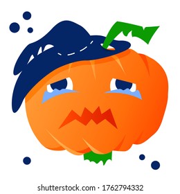 Ilustración vectorial de la calabaza de halloween llorando en el sombrero. Vacaciones de otoño. Feliz ícono divertido de Halloween para invitaciones de fiesta o tarjetas de felicitación con símbolos tradicionales. Fondo blanco aislado.