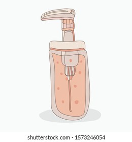 Stock Vector  illustration - Cute bottle for face washing gel, soap pump. Cosmetic vial, flask, dropper-bottle, shampoo, oil, gel in pastel colors on isolate milky grey background