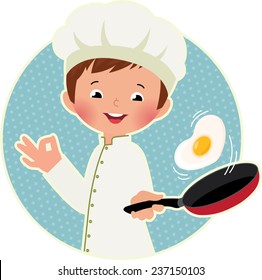 Stock Vector Illustration Of A Cute Boy Chef Flipping An Omelet Or Scrambled Eggs/Cook Virtuoso Flipping An Fried Eggs Or A Omelette/Stock Vector Illustration In EPS 8