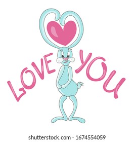  Ilustración vectorial de material. Un lindo conejito de color azul, en el que los oídos repiten la forma de un corazón. El texto está escrito - te quiero