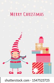 Stock vector illustration with cute Christmas elf in striped red hat and scarf with Christmas gifts pyramid and snowfall. Template for merry Christmas cards, greetings, banners or posters.