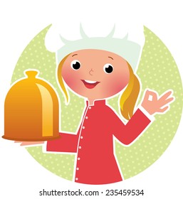 Stock vector illustration of a cute girl chef with a hot dish