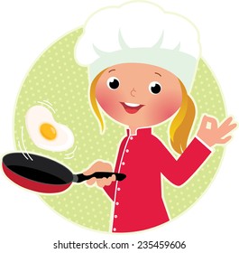 Stock Vector Illustration Of A Cute Girl Chef Flipping An Omelet Or Scrambled Eggs/Chef Flipping An Fried Eggs Or A Omelette/Stock Vector Illustration