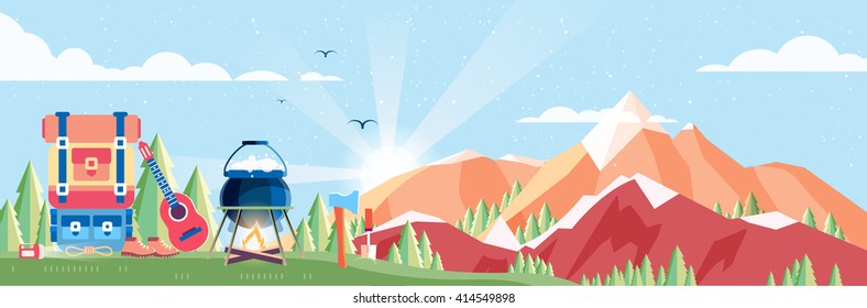 Stock vector illustration of day landscape, mountains, dawn, travel, nature, pot, fire, hiking, big tourist backpack, camping in flat style element for info graphic, website, games, motion design