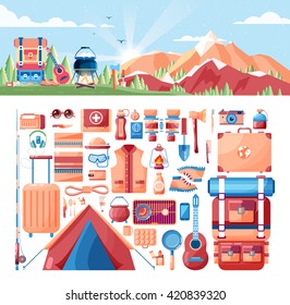 Stock vector illustration of day landscape, mountains, sunrise, travel, nature, pot, fire, hiking, backpack, camping, set of sports equipment for outdoor activities in flat style element info graphic