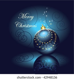 Stock vector illustration decorative blue xmas card with beautiful blue sparkling ball