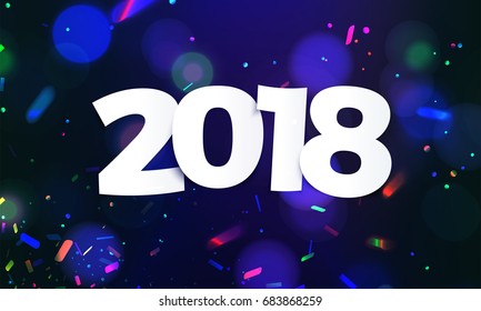Stock vector illustration defocused Happy New Year 2018 background decoration. Greeting card design template with confetti. Date 2018 year. Celebrate brochure or flyer. EPS10