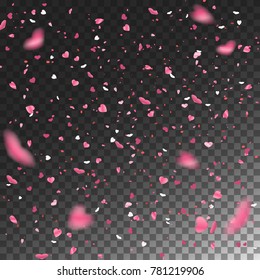 Stock vector illustration defocused pink heart shape confetti isolated on a transparent background. EPS 10. New year, birthday, valentines day design element. Holiday background.