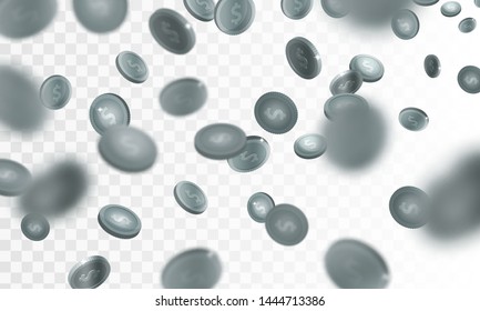  Stock vector illustration defocused realistic falling silver coins. Rain from money. Isolated on transparent checkered background. EPS10