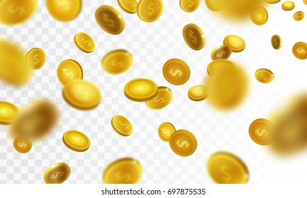  Stock vector illustration defocused realistic falling gold coins. Rain from money. Isolated on transparent checkered background. EPS10